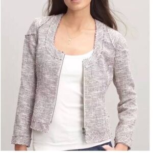 Banana Republic SZ 10 Tweed Crop‎ Lady Jacket Round Neck Raw Fringe Hem Classic